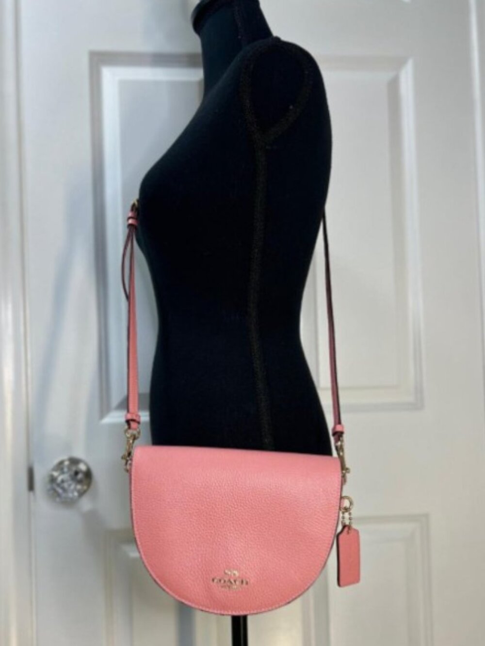 Coach Ellen Crossbody Purse Classic Leather Half Moon Saddle Flap in Pink